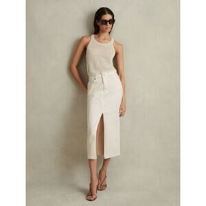 Reiss Danica Ivory High Rise Denim Front Slit Midi Skirt Cotton Blend Size 10